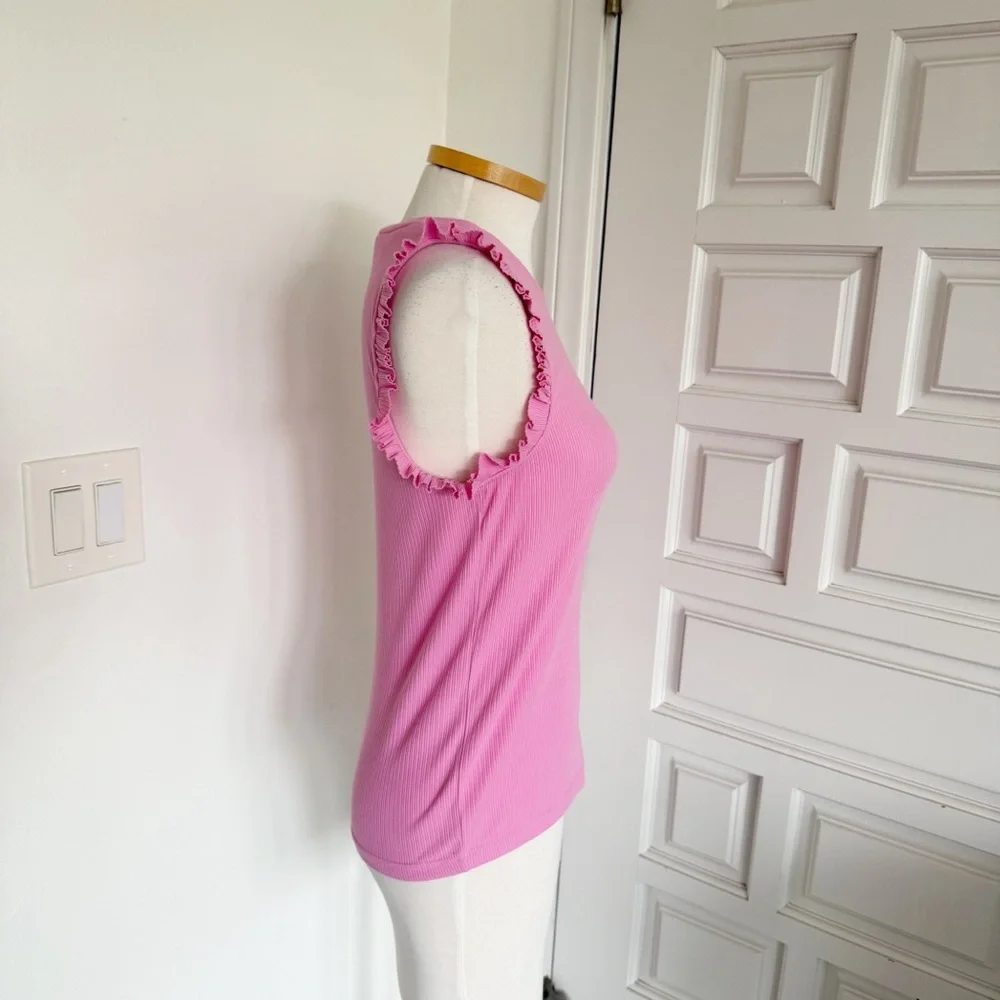 J. Crew Pink Top Ribbed Ruffle Sleeveless Cotton Blend Size Small